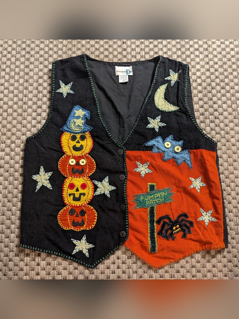 Vintage Halloween Paul Harris Design Embroidered Vest Pumpkin Bat Spider Size S
